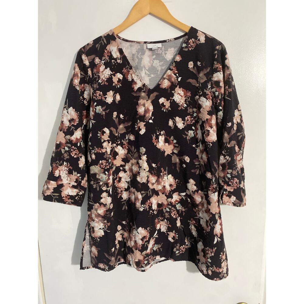 J. Jill tunic top women’s size L black floral v neck